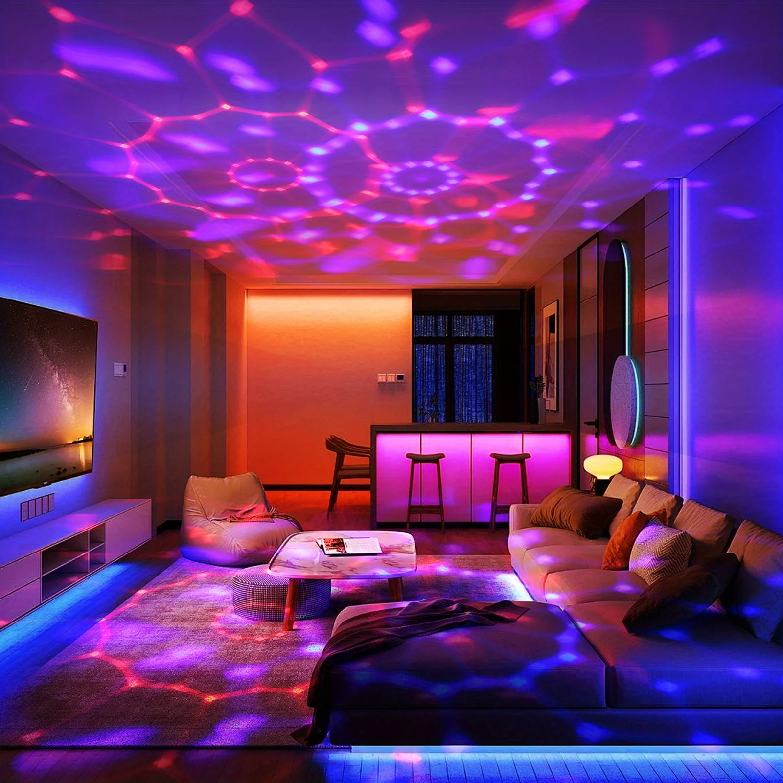 Projektor LED Gwiaździste Niebo Kula Dyskotekowa Lampka Nocna USB Automatycznie Obrotowa Aktywowana Dźwiękiem do Pokoju Dziecięcego Dekoracja na Przyjęcie Urodzinowe