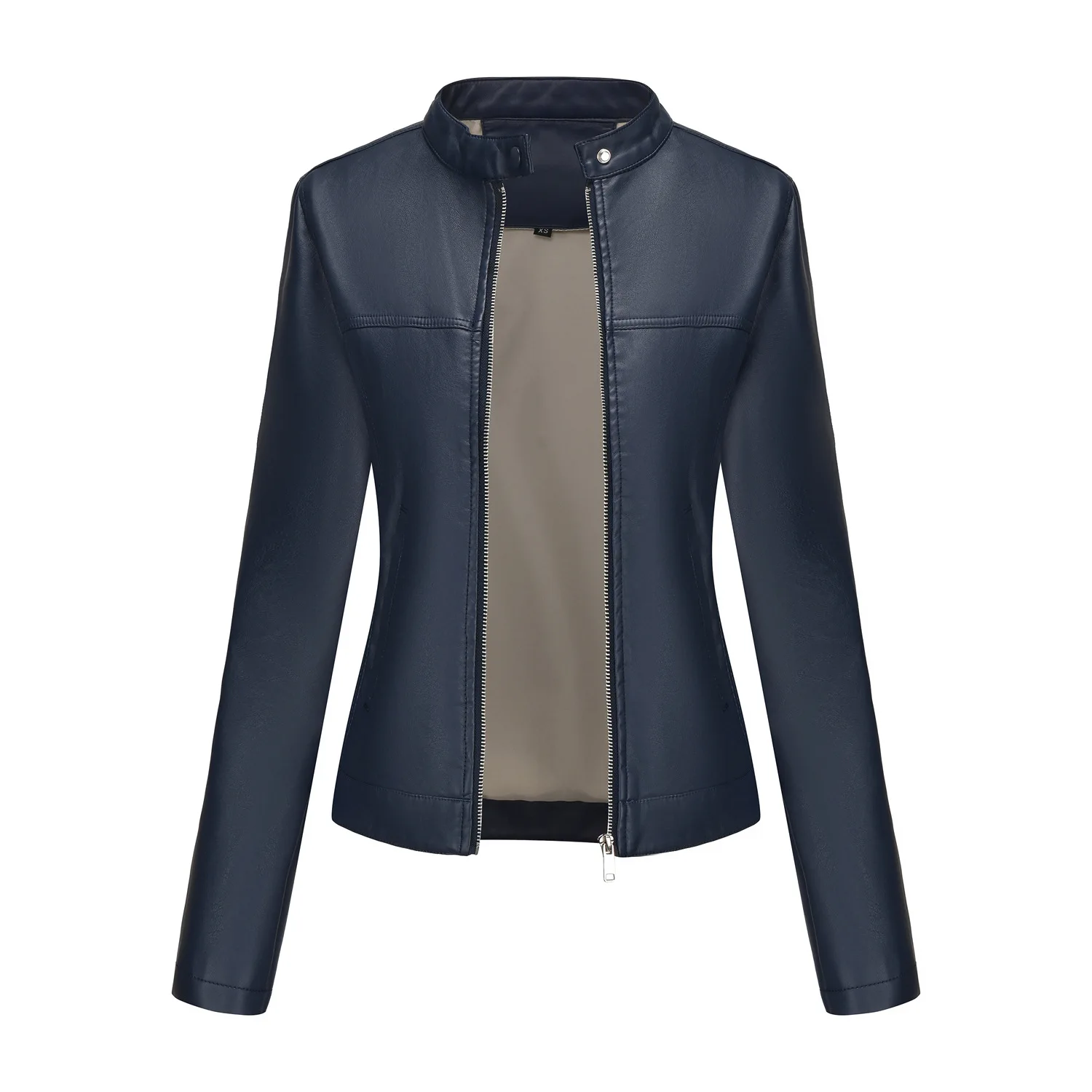 Black Women's Fitted Leather Jacket with Front Zipper & Side Pockets‌, Available in Brown, Navy Blue, and Beige.