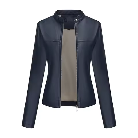 Black Women's Fitted Leather Jacket with Front Zipper & Side Pockets‌, Available in Brown, Navy Blue, and Beige.