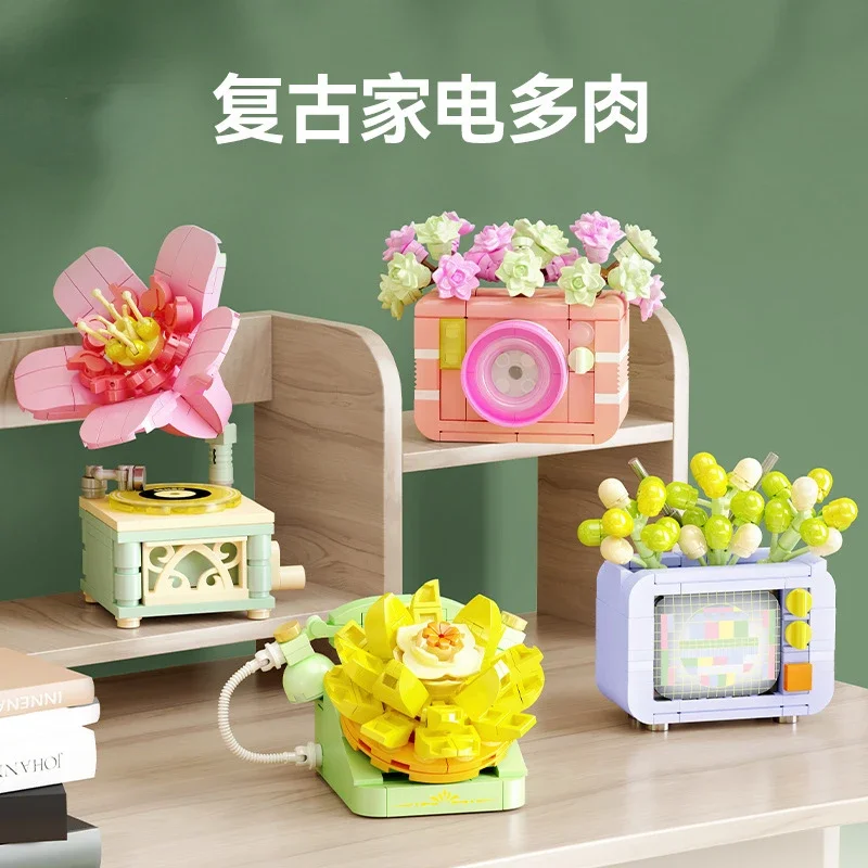 Flower Furniture Succulent Plant Home Office Decoration Building Blocks Appliance Bonsai Bricks Model DIY MOC Toys for Children