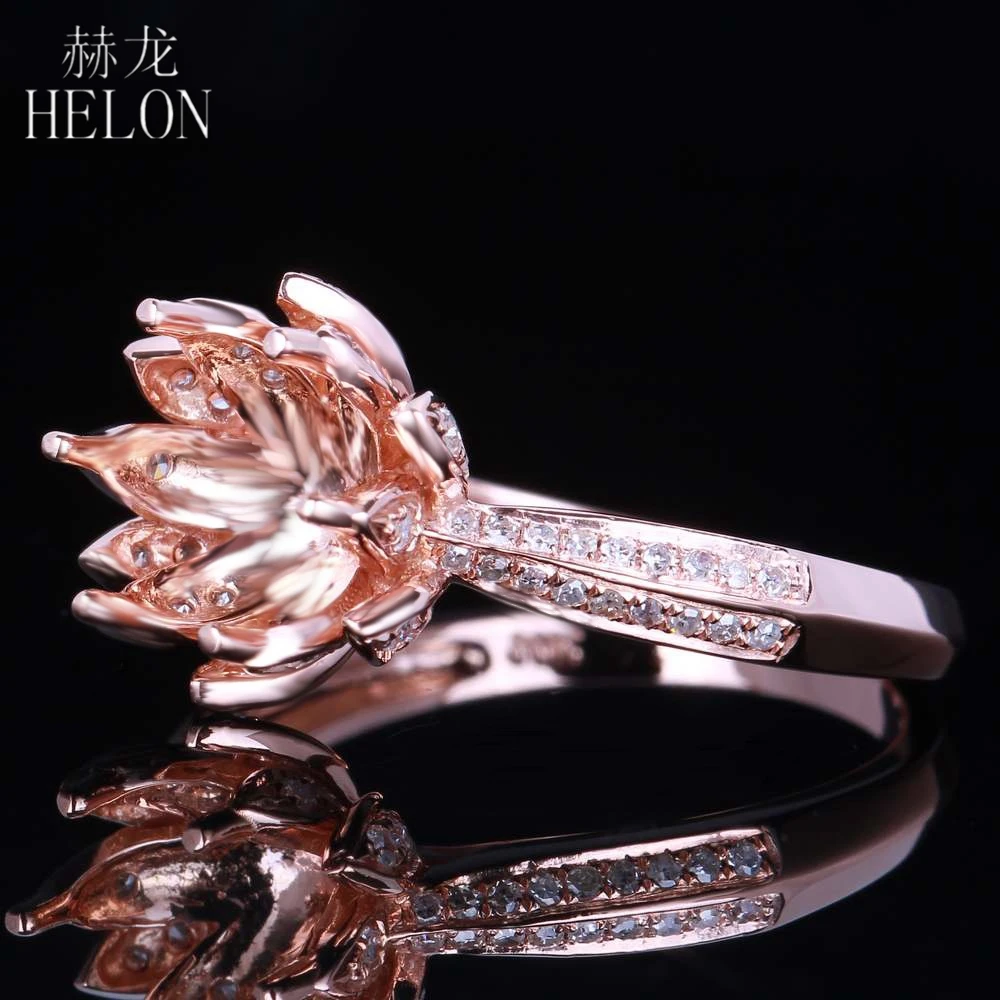 HELON Solid 14K 10K Rose Gold Brilliant 0.4ct Natural Diamonds Lotus Flower Fine Jewelry Semi Mount Engagement Ring Round 8-9mm