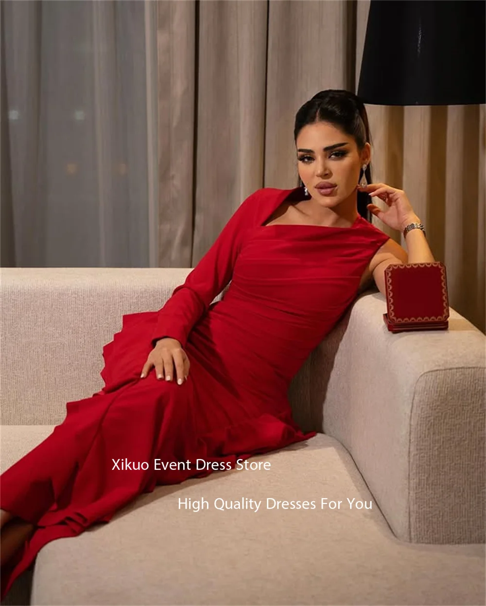 Gaun Malam Xikuo dengan Kerah Asimetris Unik, Ruffle di Bagian Bawah, Model Ruched Satu Bahu, Vestidos Para Mujer, Gaun Prom Dubai, Dapat Dipesan Sesuai Ukuran