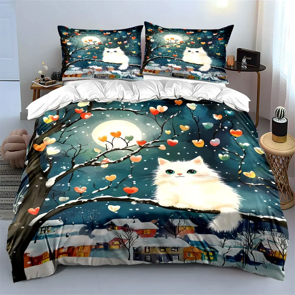"Cat Winter Night Decor Set" Soft Comfortable Duvet Cover Bedding Set Included 1*Duvet Cover & 2*Pillowcases, gift