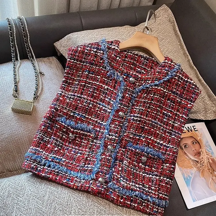 

New tweed sleeveless vest jacket early spring trend Han Faner luxury autumn and winter retro double-breasted name