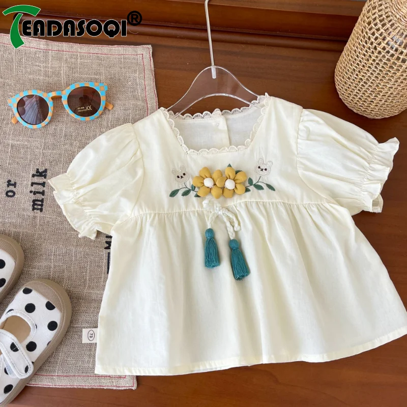 

Newborn Summer Children Cotton Blouses Toddler Kids Baby Girls Short Sleeve Embroidery Tassel Bunny 3D Flower Shirts Top 0-6Y