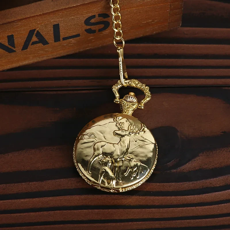 

Fashion Alloy Retro Relief Gold Pocket Watch Animal Elk Deer Quartz Watch Pendant Necklace Chain Clock Birthday Gifts