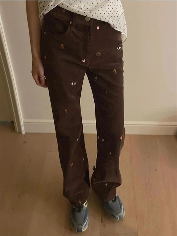 

Коричневые вельветовые повседневные брюки женские осенне-зимние винтажные брюки с индивидуальной вышивкой животных прямые расклешенные брюки