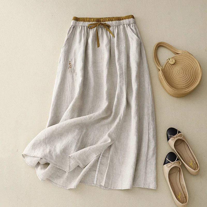 

Embroidery splicing skirt elastic waist color matching a-word skirt women's retro linen loose medium and long Boho Beach skirt