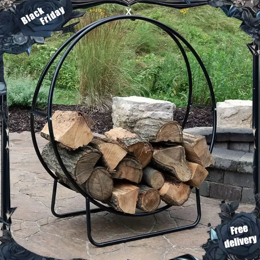 Log Store Firewood Rack Outdoor Firewood Log Hoop Black Powder Coated Steel Wood Rack for Firewood Lumber Wood Store