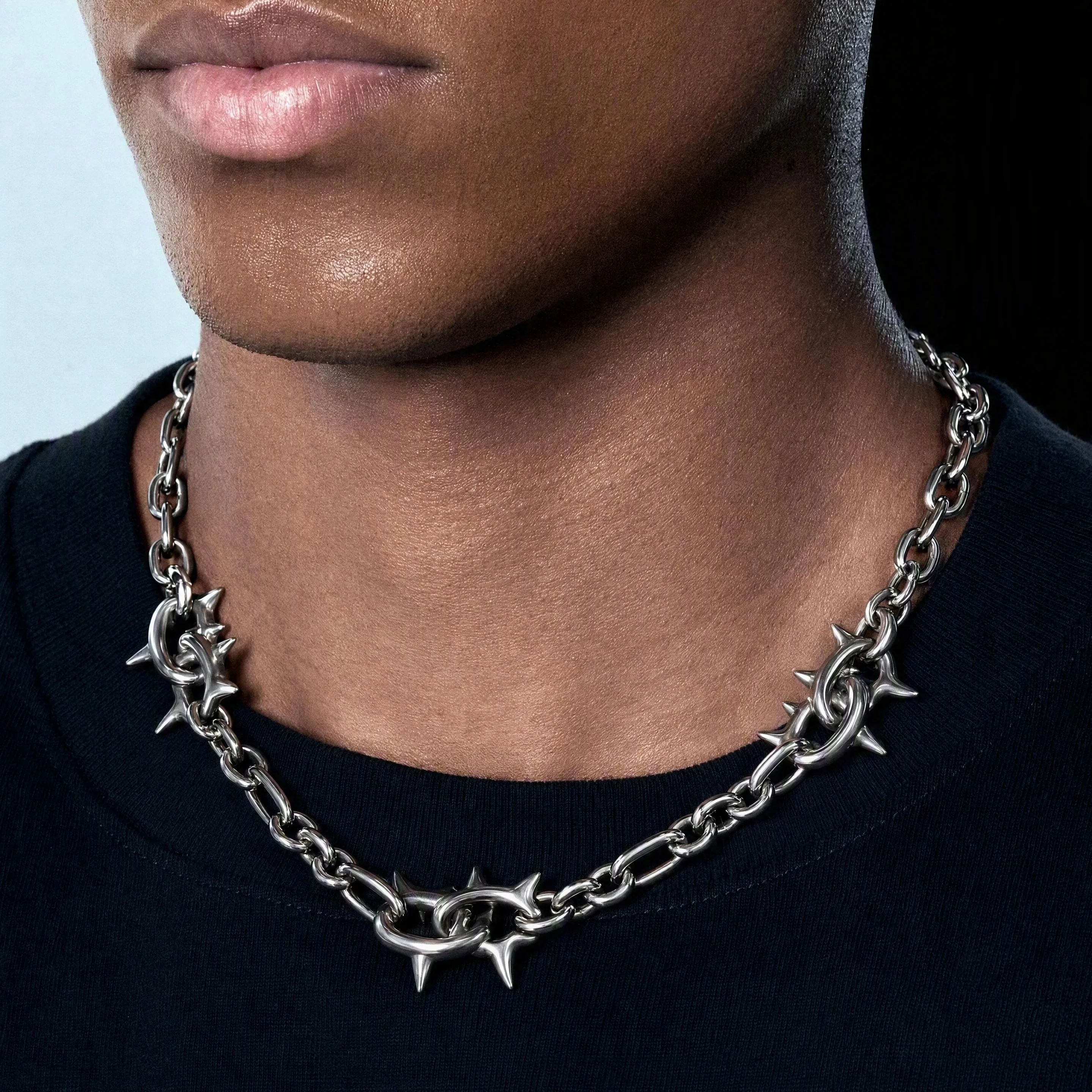 Punk Spike Gemischte Figaro-Kette Halskette Silber Gothic Statement Halskette Hip Hop Street für Männer Frauen Schmuck Geschenk – Detail 6
