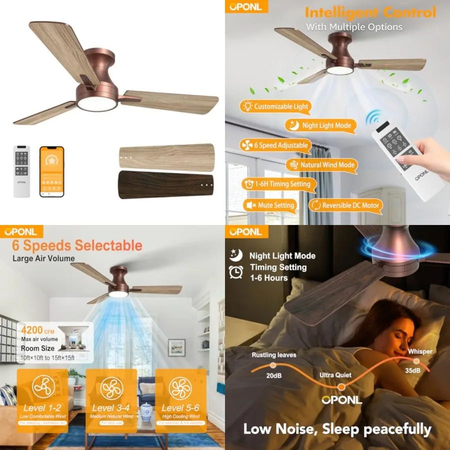 

42 Inch Ceiling Fan with Light, Remote Control, Noiseless, Reversible, 6CCT, Dimmable, Timeable, Flush Mount Ceiling Fans with
