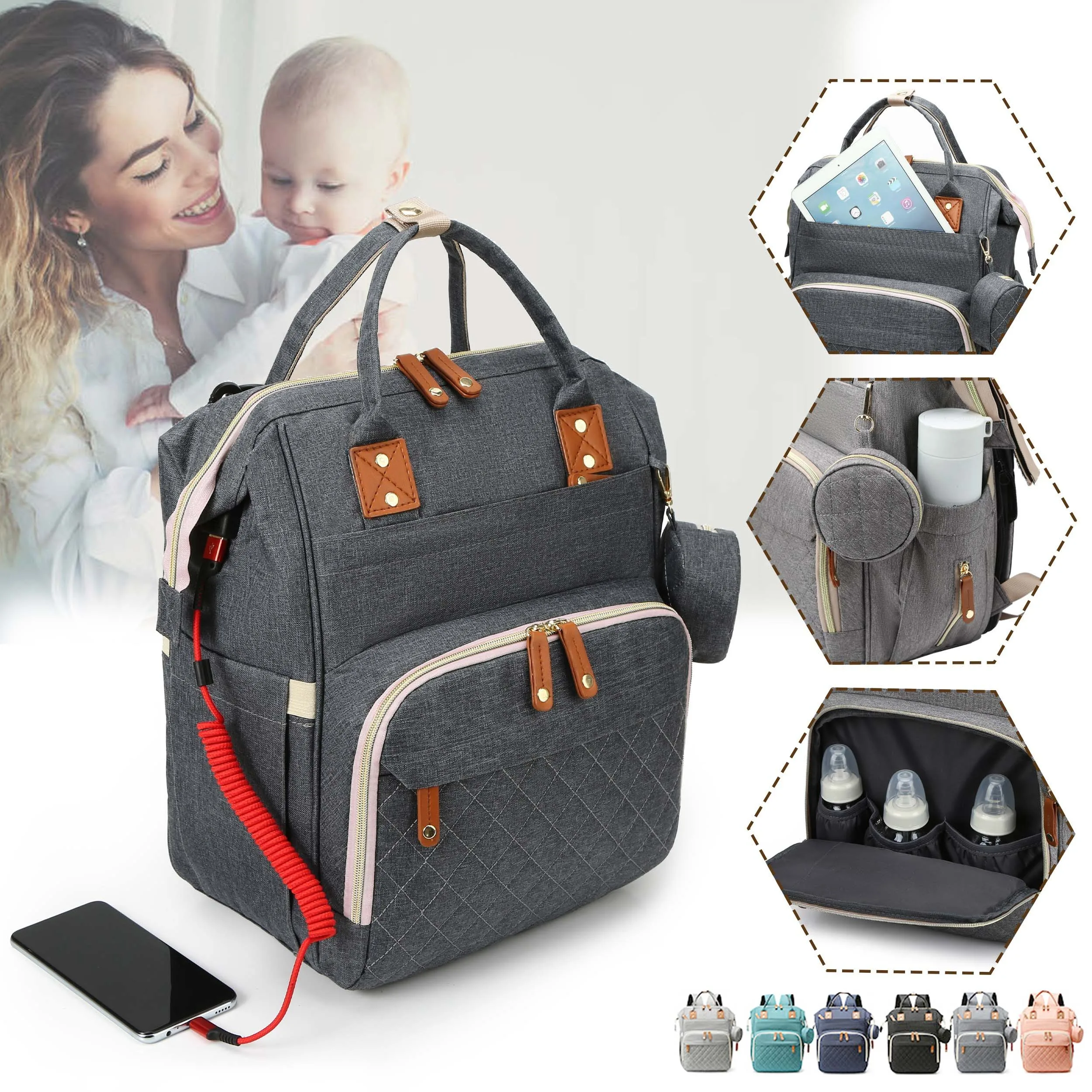 Baby Diaper Bag Backpack, Multifunction Waterproof Mummy Bag with USB Design for Travel, Large Maternity Baby Changing Bag