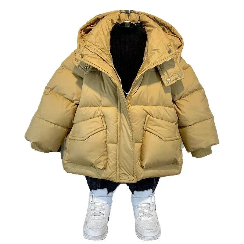 Boys\' Down Cotton Jacket Winter Clothing Children\'s Cotton Coat Trendy and Cool Baby\'s Medium and Long Hooded Warm Cardigan