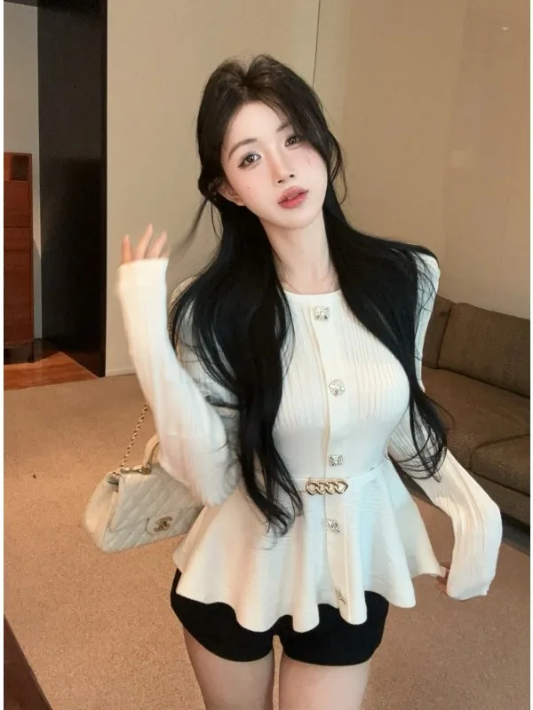 

Ele Knitted Sweater Women's Early Autumn New Sle High Waist Skirt Design Single Button Long Sve Ultra ort Length