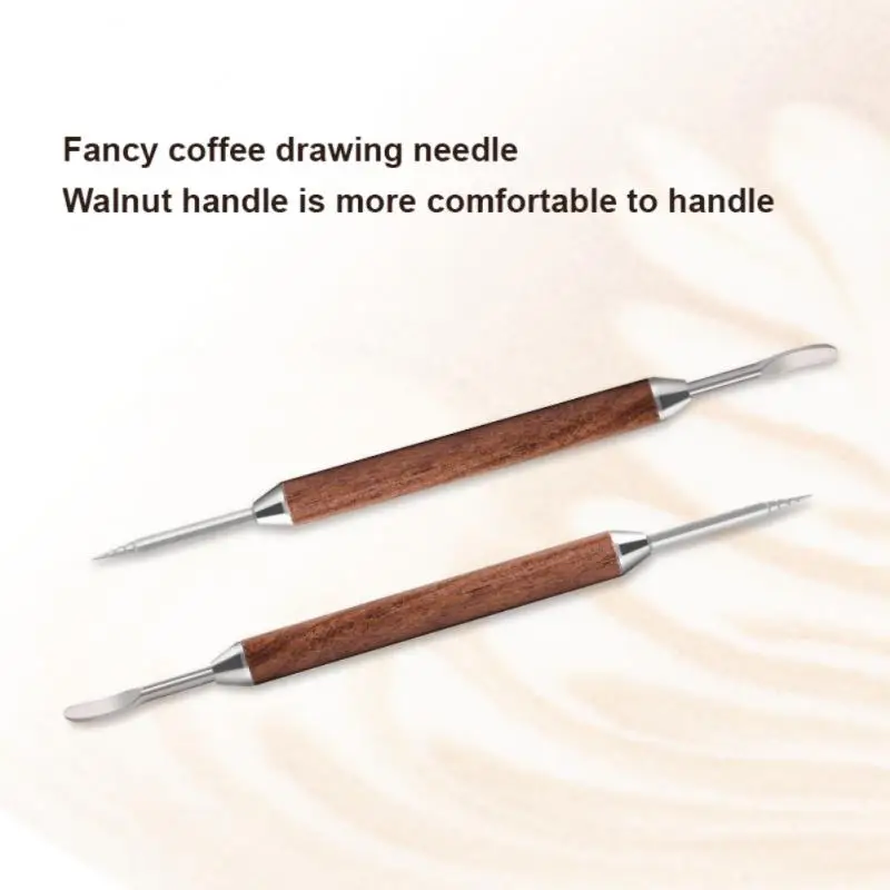 Latte Art Pen Coffee Needle Carved And Mounted Artifact Solid Wood Hook Needle Milk Foam Stainless Steel Drawing Cup Coffeeware