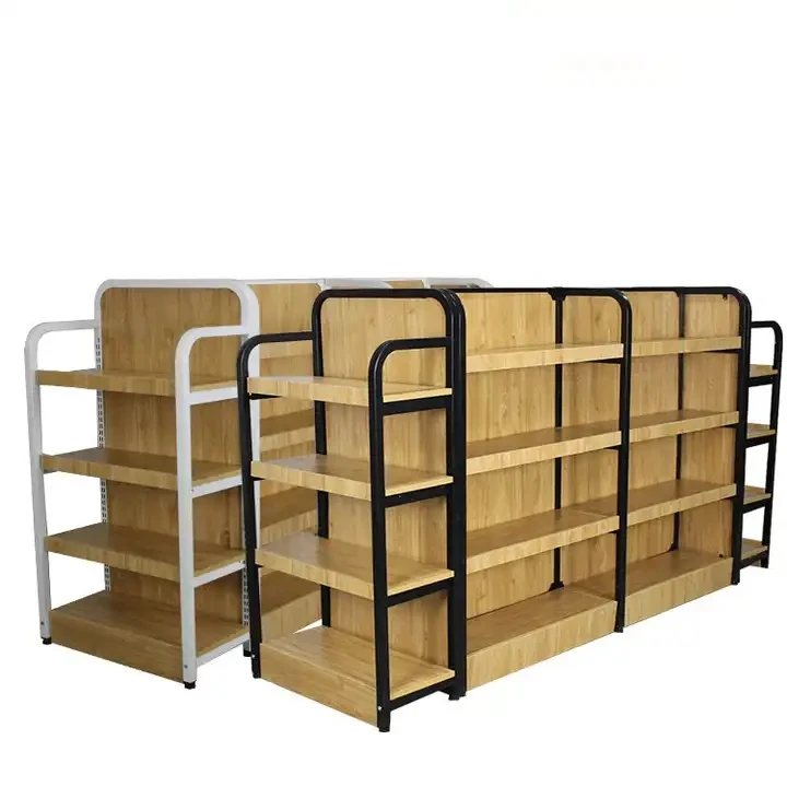 Custom Retail Store Double Sided Hanging Basket Shelf Supermarket Wooden Display Shelf Grocery Store Display Shelf
