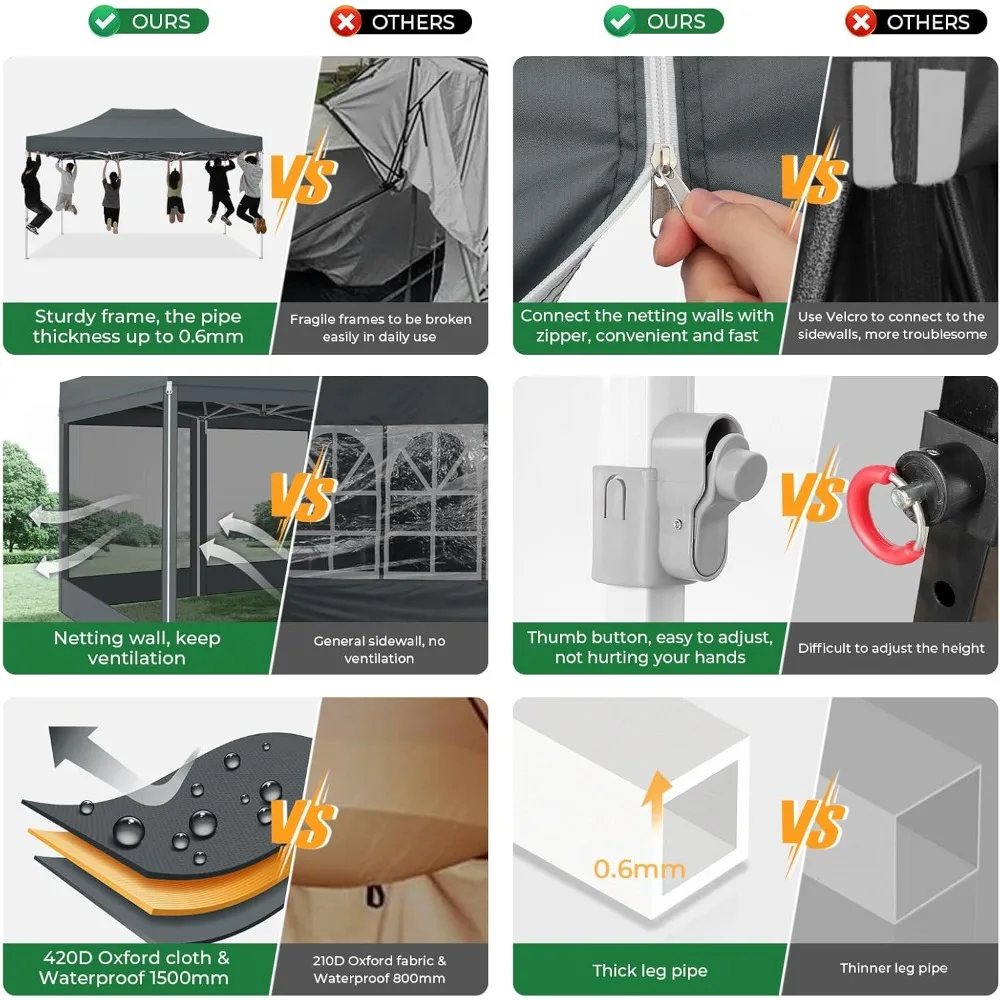 Kanopi Pop-Up Komersial 10x15 dengan 4 Dinding Samping, Tenda Pesta dengan Kelambu untuk Pengaturan Luar Ruangan yang Mudah