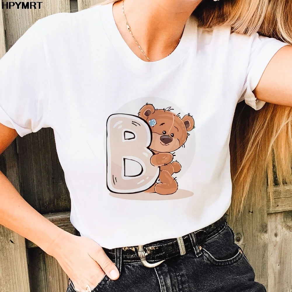 Cute Bear Letter A B C D Print Women T-shirt Harajuku Short-Sleeved O-Neck Tee Top Fashion T shirt Female Clothing Summer Tshirt