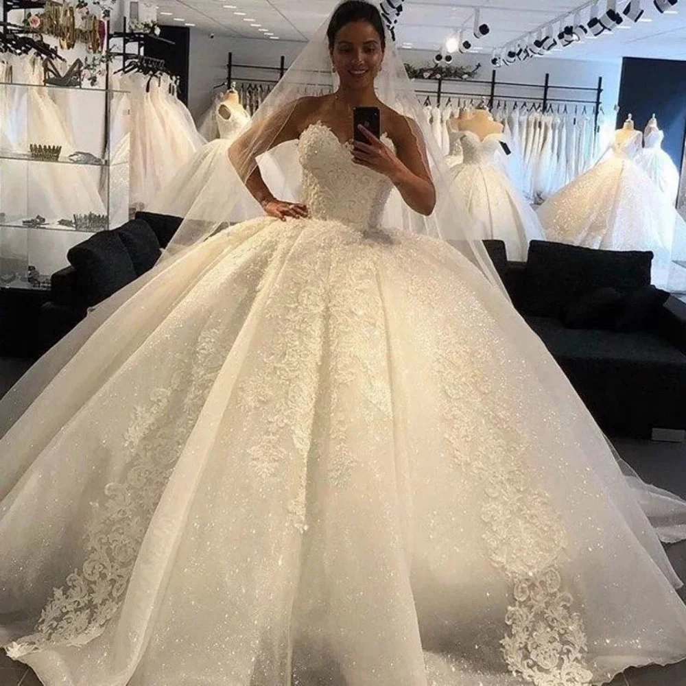 New Luxury Wedding Dress Sleeveless Lace Appliques A-Line Tulle Bridal Gown Floor-Length Princess Birthday Ball Gown Prom Dress