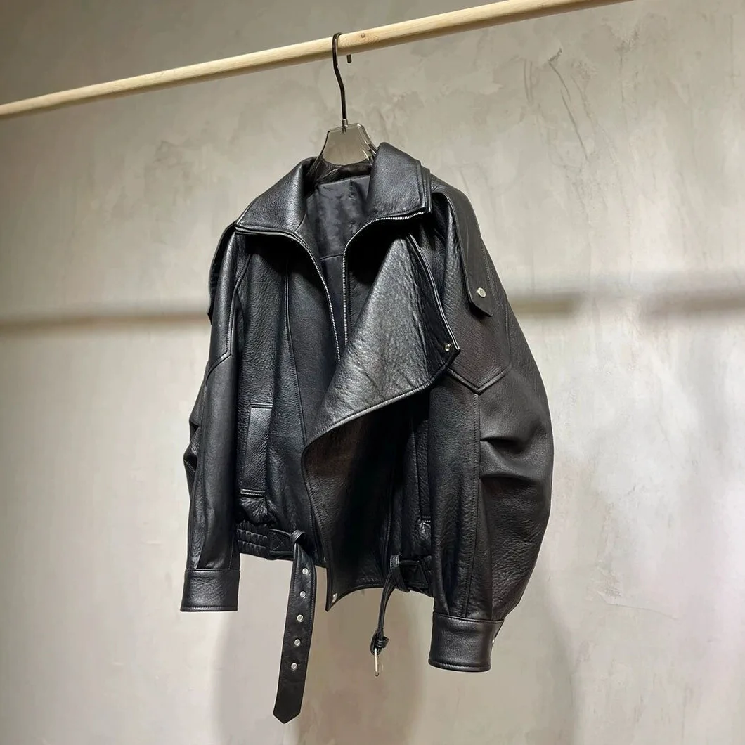 Women Jacket PU Leather Casual Short Punk Lace Up Turn Down Collar Long Sleeve Zipper Loose Y2k Street Wear British 2026 Winter
