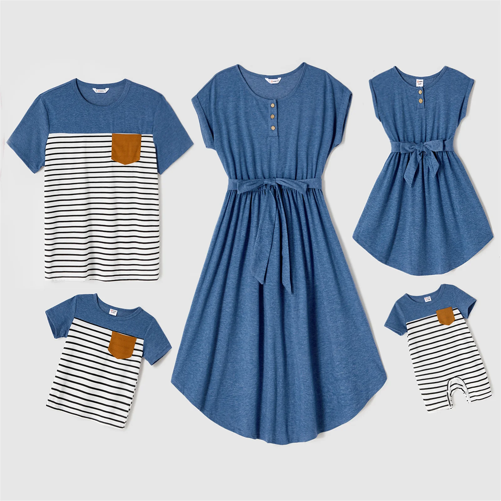 Patpat Family Matching Outfits Blue Cap-Sleeve Midi-Kleider mit Gürtel und kurz ärmel igen gestreiften gespleißten T-Shirts Family Looks Sets