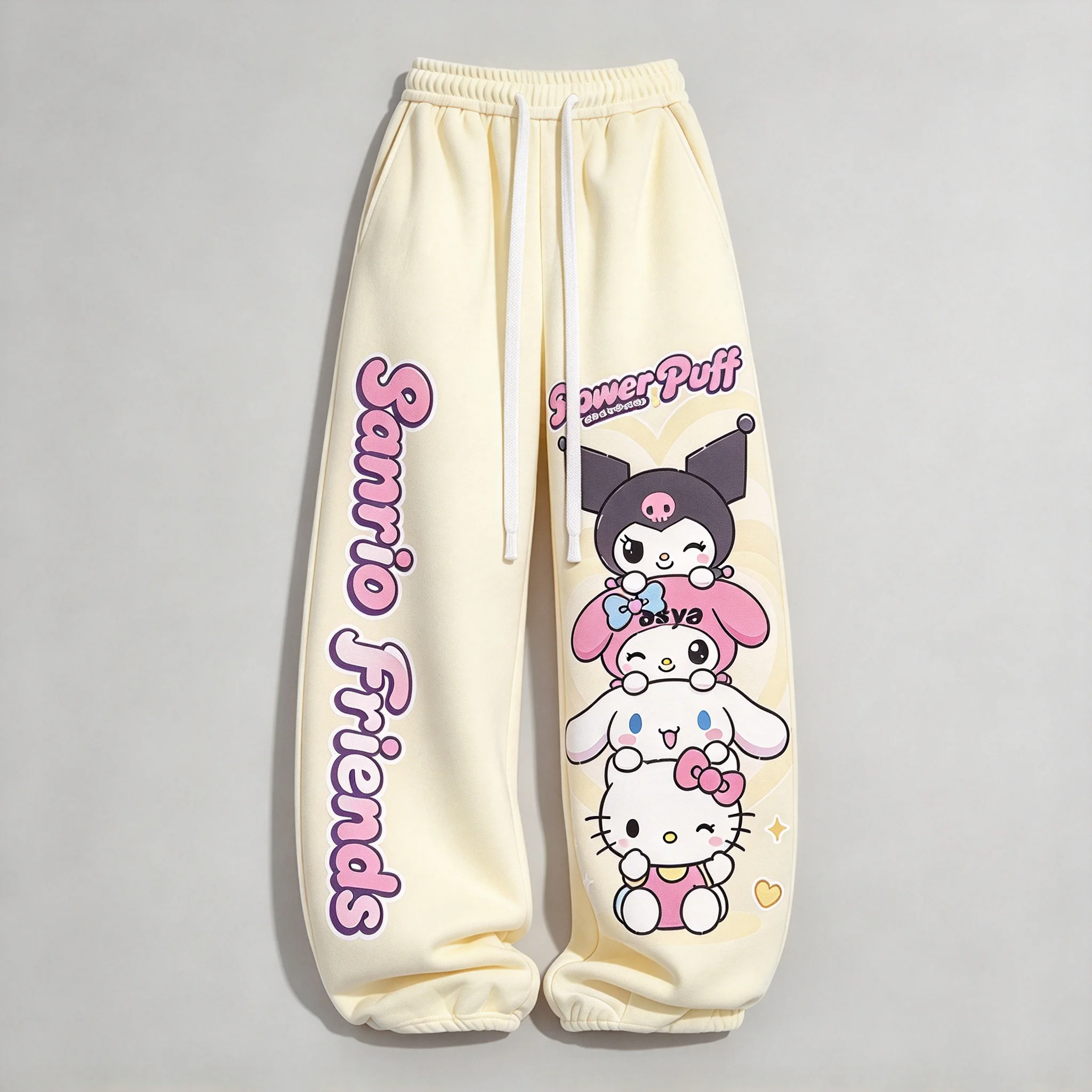 Cute Hello Kitty MyMelody Kuromi Print Women Wide Leg Pants Loose Drawstring Trousers Kawaii Girls Casual Sport Pants Streetwear