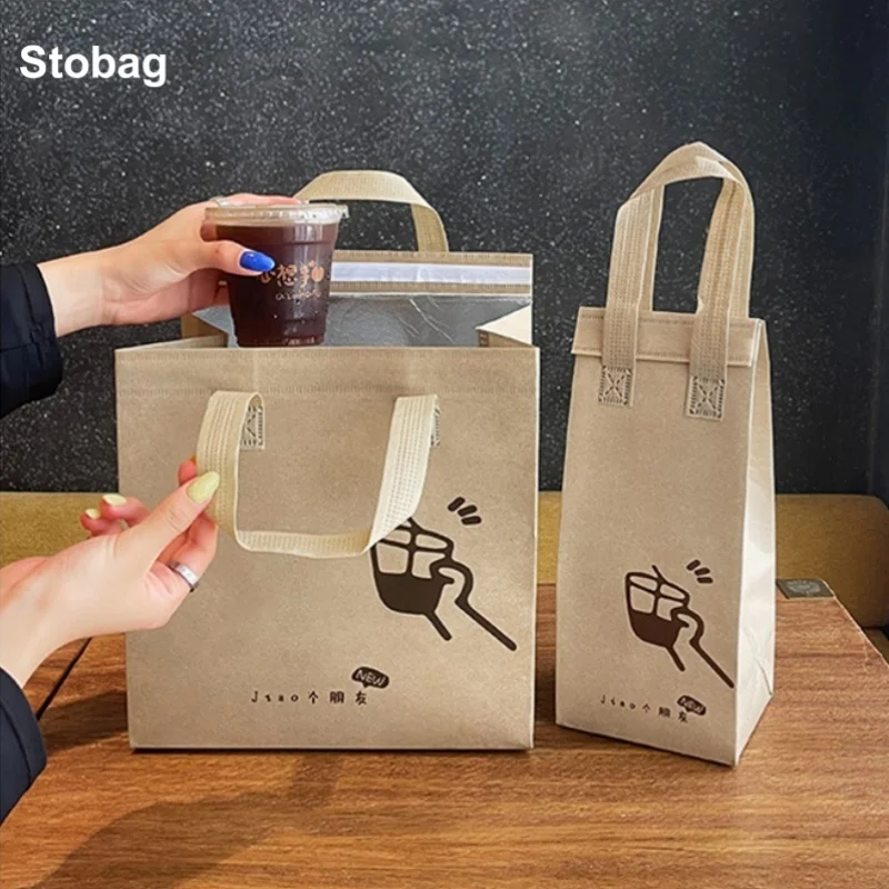 

StoBag 10pcs Kraft Paper Non-woven Insulation Tote Bag Fabric for Food Bread Drink Packaging Keep Warm Cold Delivery Pouches