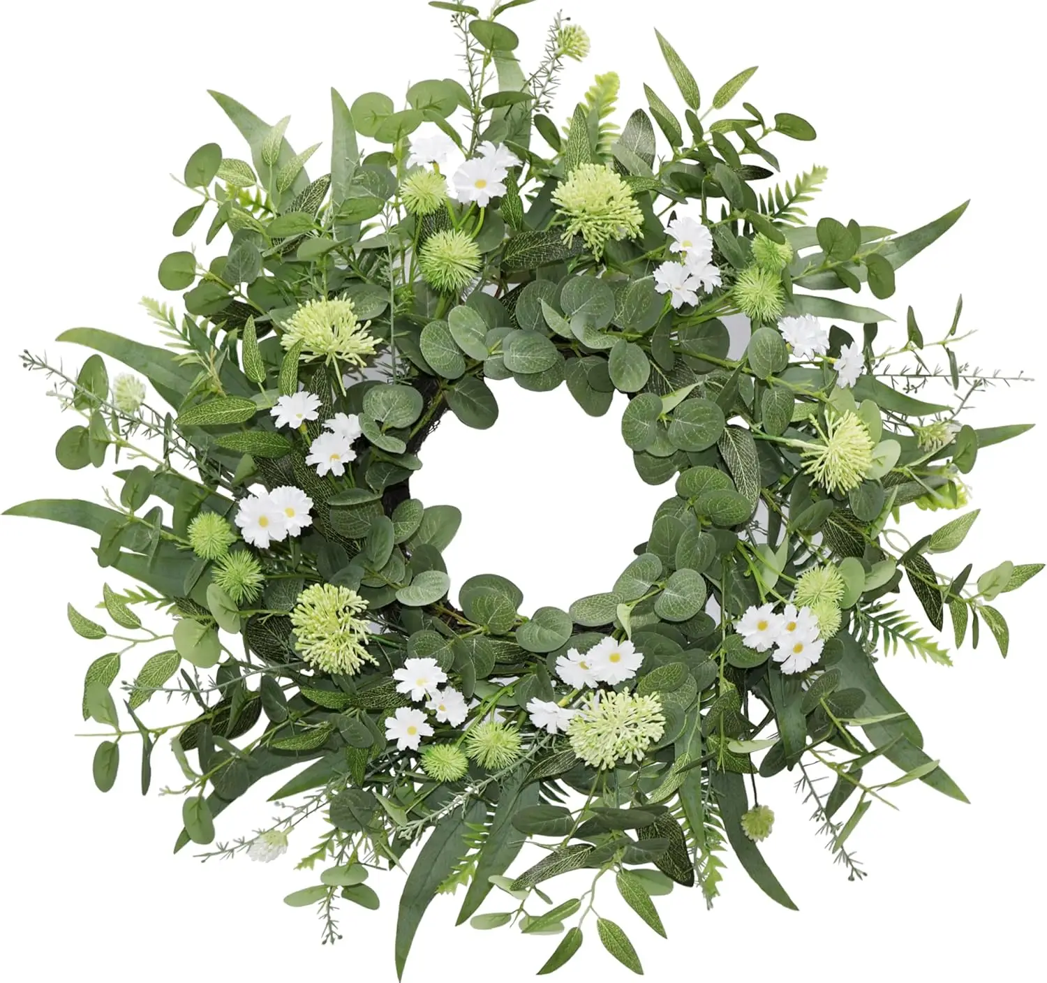 Green Eucalyptus Wreath with White Flowers for Door Decor, Lifelike All-Season Farmhouse Style