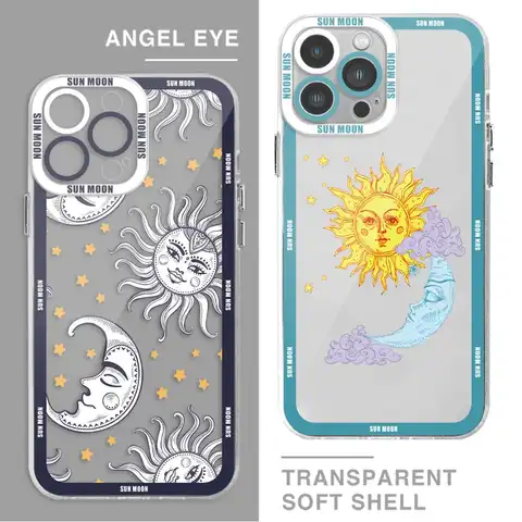 Sun Moon Stars Phone Case for iPhone 16 Pro 13 Pro Max SE 8 7 Plus XR 14 15 Pro Max 11 12 Mini X XS Max Soft Clear Shell
