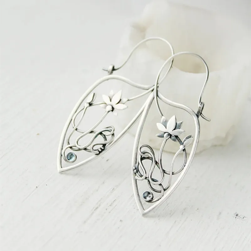New Lotus Silver Color Earrings Elf Jewelry Fashion Floral Design Ladies Pendant Earrings Gift