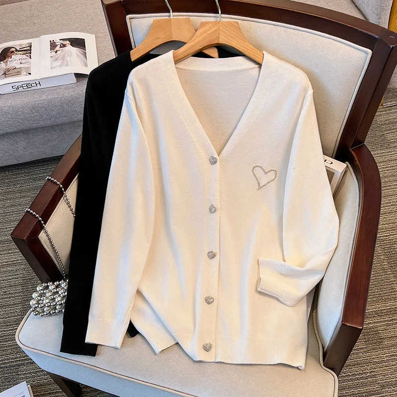 

170 кг, женский бюст 160, осенний свободный кардиган с v-образным вырезом и сердечком, свитер, вязаная куртка, черный, белый цвет, 4XL, 5XL, 6XL, 7XL, 8XL, 9XL