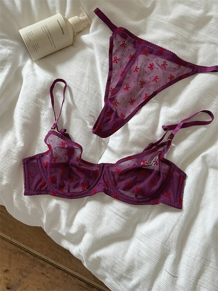 

Women Purple 2 Piece Sets Lace Bra and Underwear Set G-String Thongs Panties Briefs Lingeries Underpant Panty Intimates Clothes