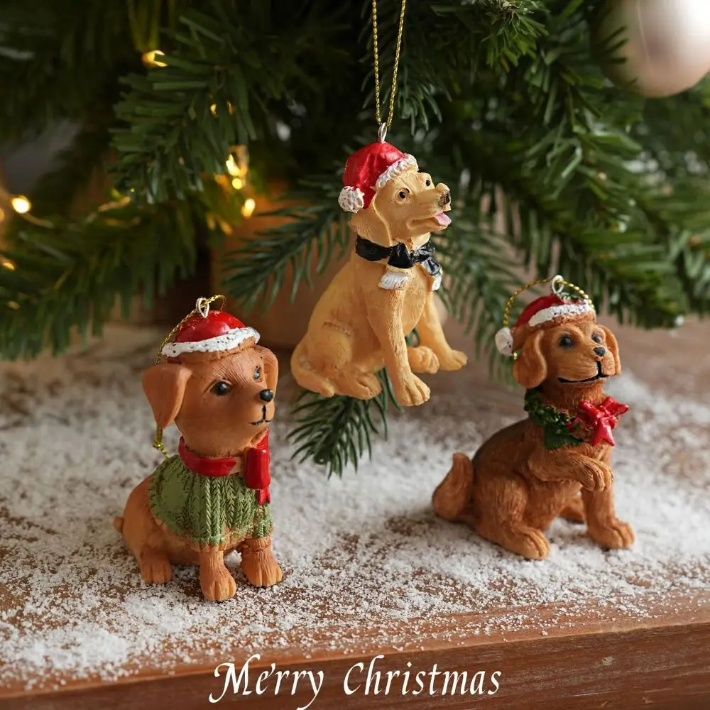 Creative Christmas Hat Dog Sculpture Sitting/Standing Position Puppy Christmas Ornament Modern Cute Dog Figurine Home Decor