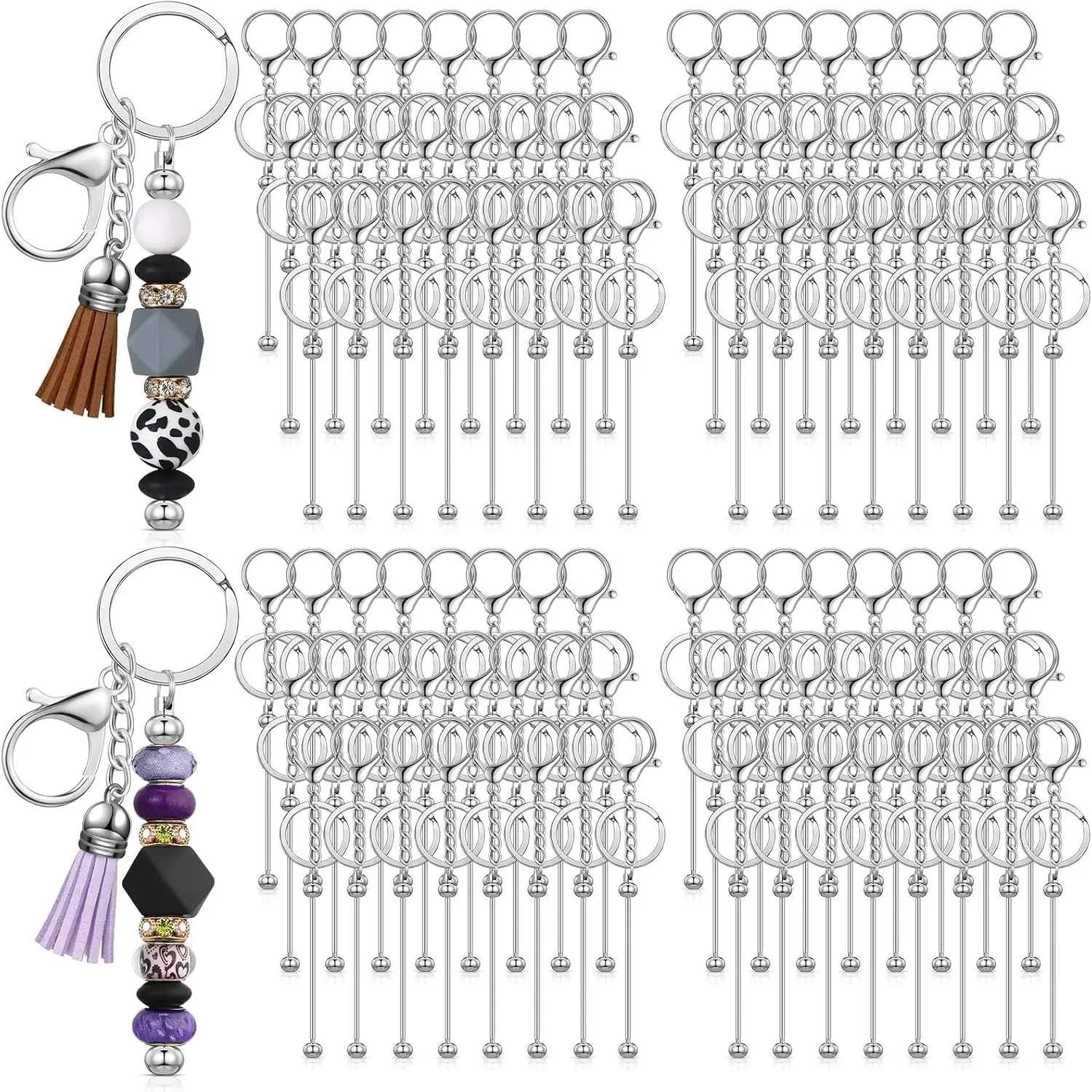120 Pcs Beadable Keychain Bars Bulk Beaded Blank DIY Metal Detachable Key Chain Making Beads for Pendant DIY Craft Jewelry Making Gift Accessories(Silver)