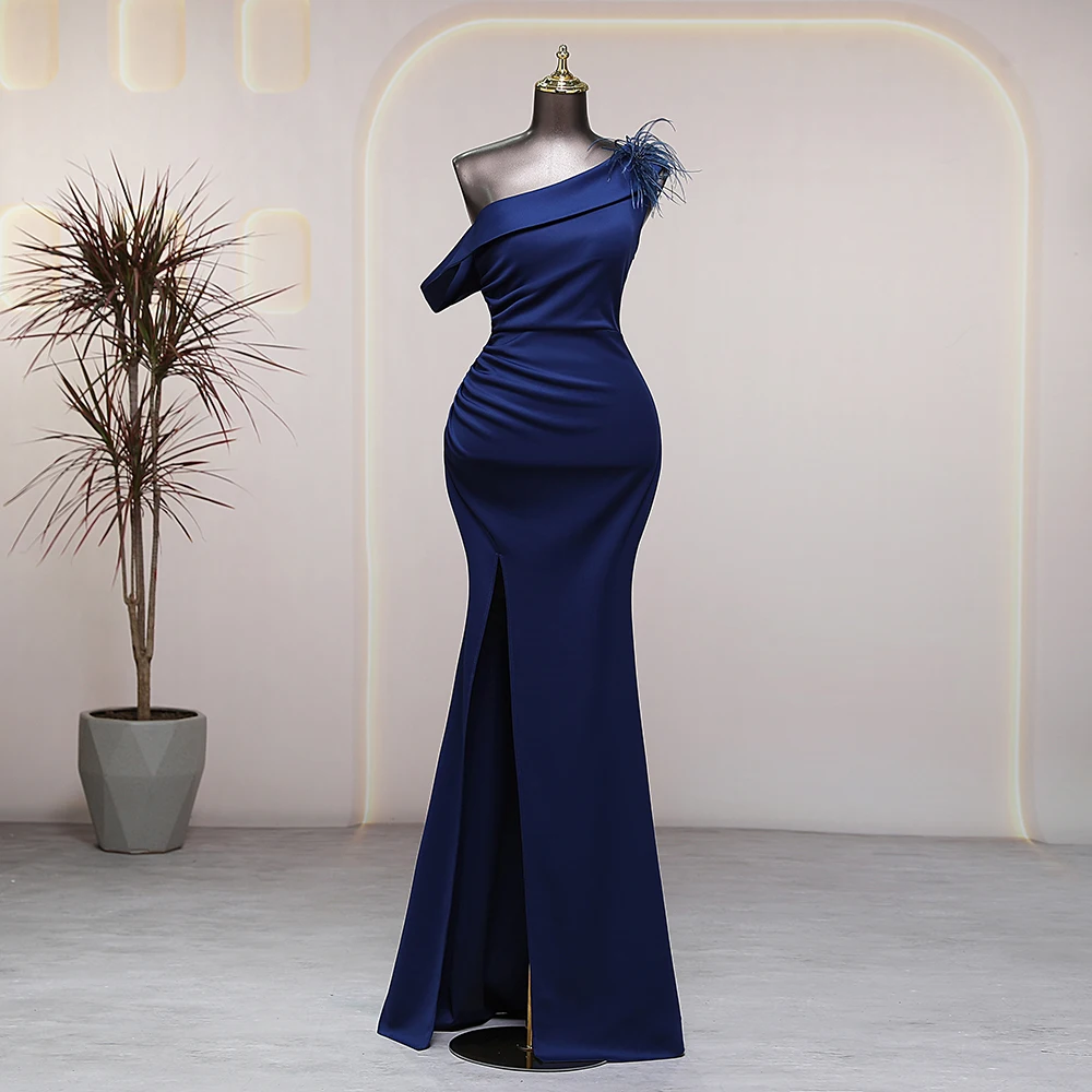 Exquisite Navy blue One-Shoulder Long Mermaid Slim Side Slits Evening Dress Women Prom Party Dress robes de soirée Bride dress