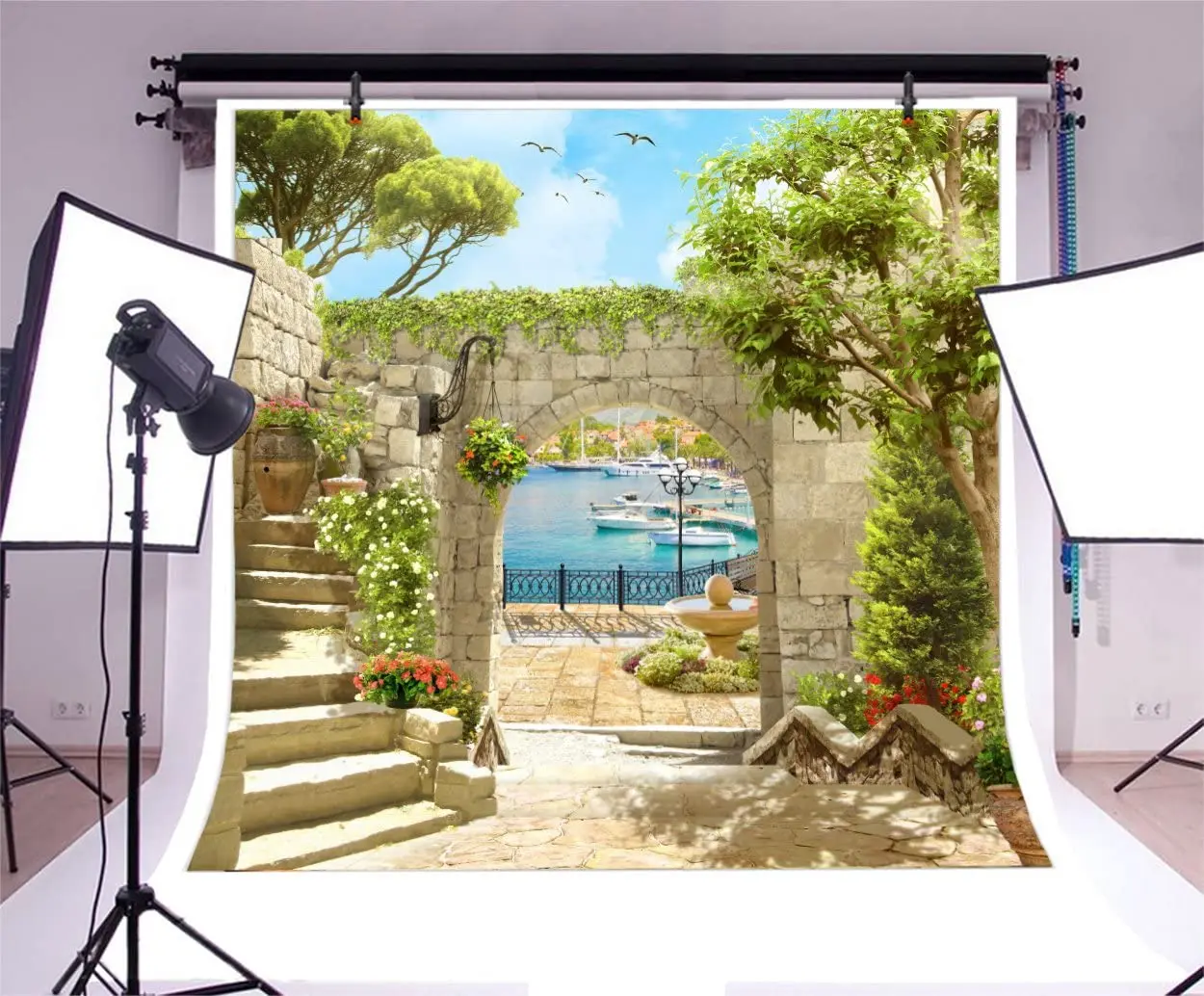 

Spring Outdoor Seaside Scenery Backdrop Old Ancient Italian Building Green Plants Baby Vintage Stone Arch Sea Water Background