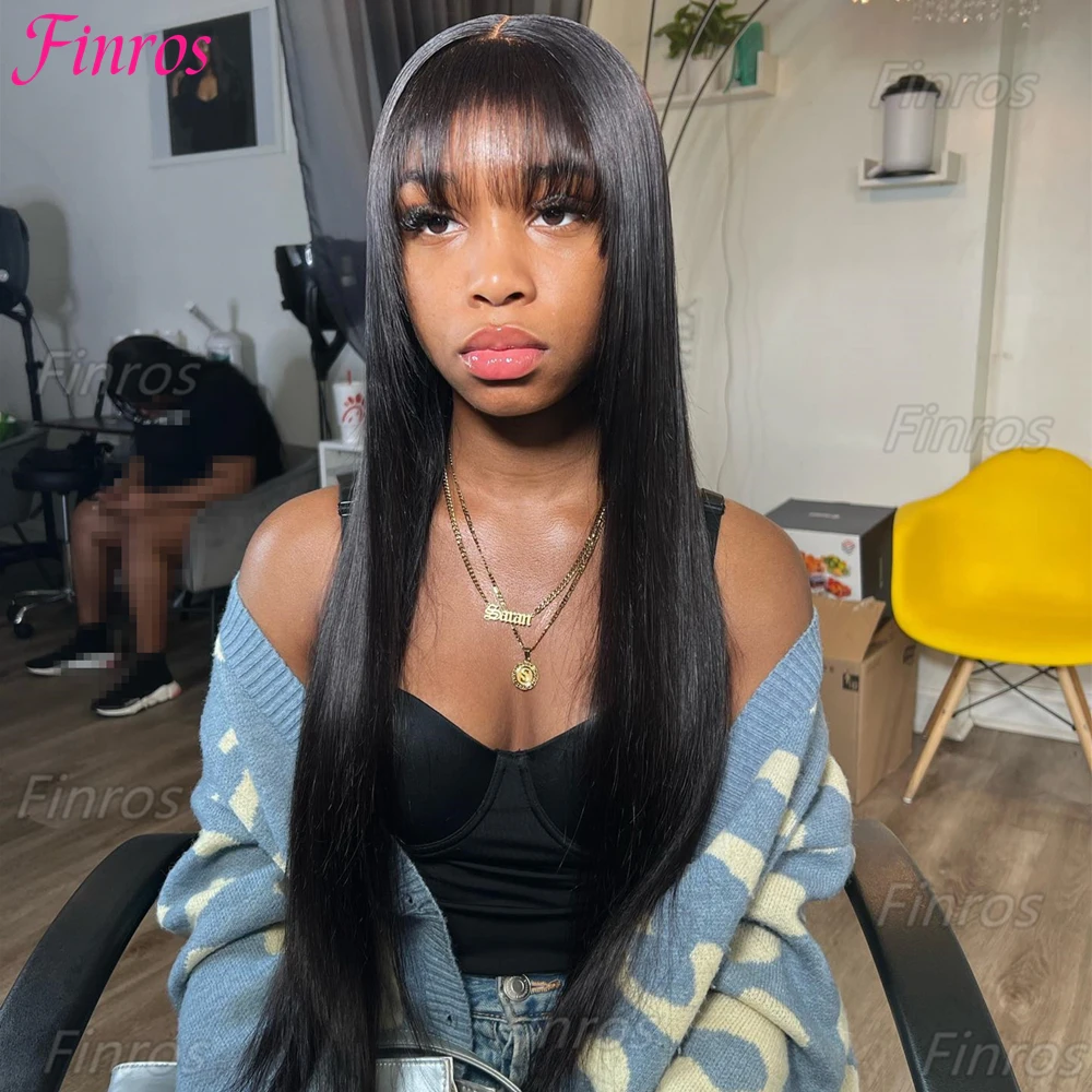 

30 Inch Bone Straight Human Hair Wigs With Bangs 3x1 Middle Part Brazilian Cheap Full Machine Made Fringe Wig For Black Women
