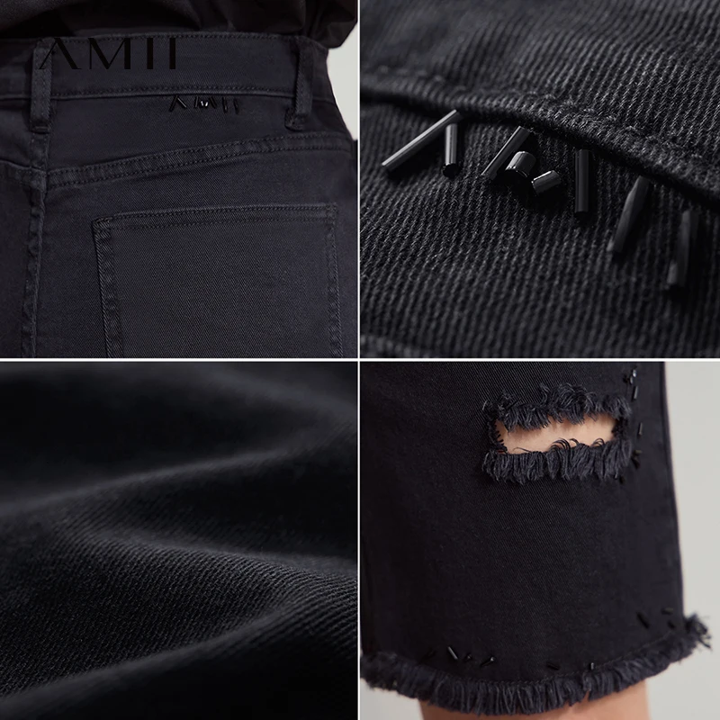 AMII ミニマリストカジュアルデニムショーツ女性夏 2025 ソリッドホールフィットジーンズ女性の新多用途ジッパーショートパンツ 12542207