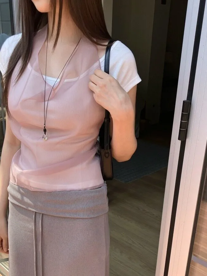 Korean Style Summer New Pure Color Mesh See through Halter Neck Tunic Top Women's Fashionable Layerable Strap Design