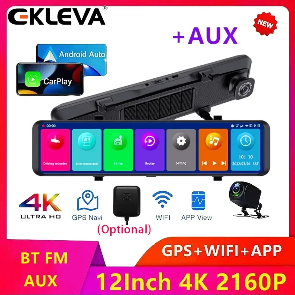 

EKLEVA 12"IPS Touch Screen4K FHD Carplay Android Auto Car DVR Dash Camera Dual Lens Video Stream Media1080P Back Camera Dash Cam