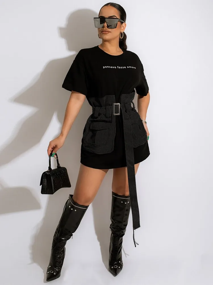 

Casual New Streetwear Denim Patchwork Sashes Dresses 2026 Spring Summer Clothes Women O Neck Short Sleeve Mini Dress Vestidos