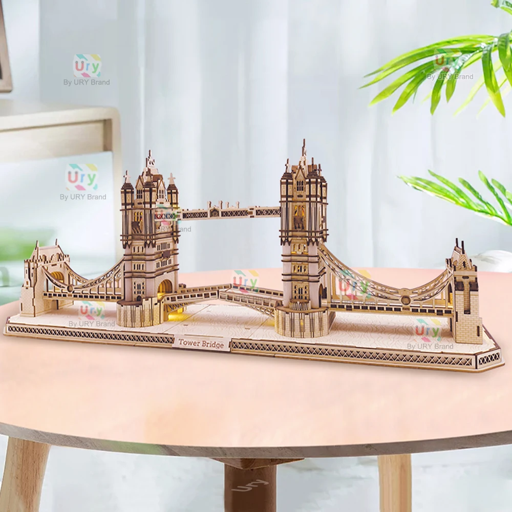 Ury 3D Wooden Puzzle England London Tower Bridge with Light LED Retro Assembly Souvenir Kits for Adult DIY Model Decoration Gift