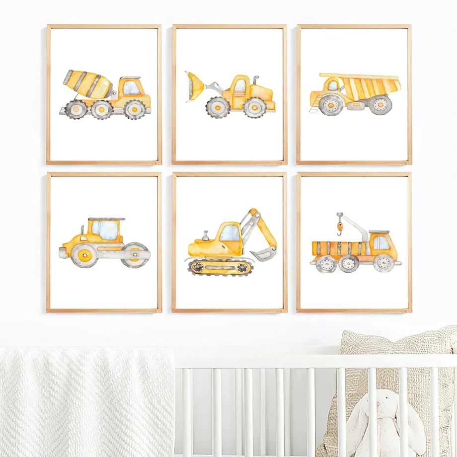 Cartoon Tractor Truck Excavator Nursery Wall Art Canvas Painting Child Posters And Prints Nordic Wall Pictures Boys Room Decor