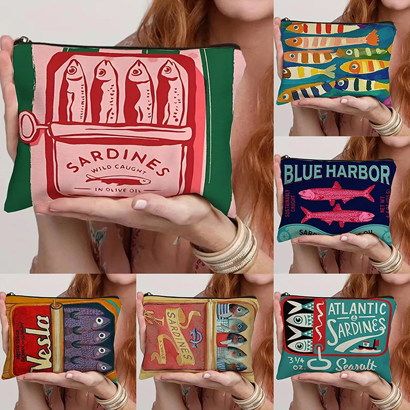 New Canvas Cosmetic Bag Simple Large Capacity Makeup Bag Female Travel Clutch Toiletry Bag Retro Sardines Olive Oil Design
