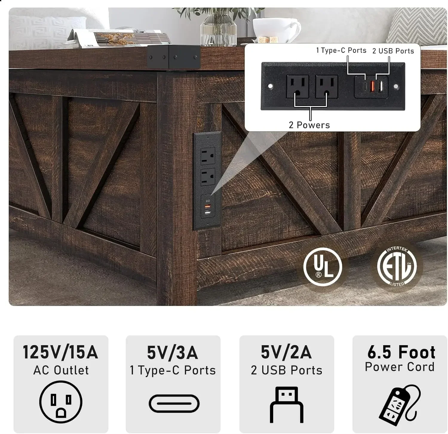 Mesa de centro elevatória de fazenda com armazenamento, mesa central quadrada de madeira com estação de carregamento e portas USB, centro da sala de estar