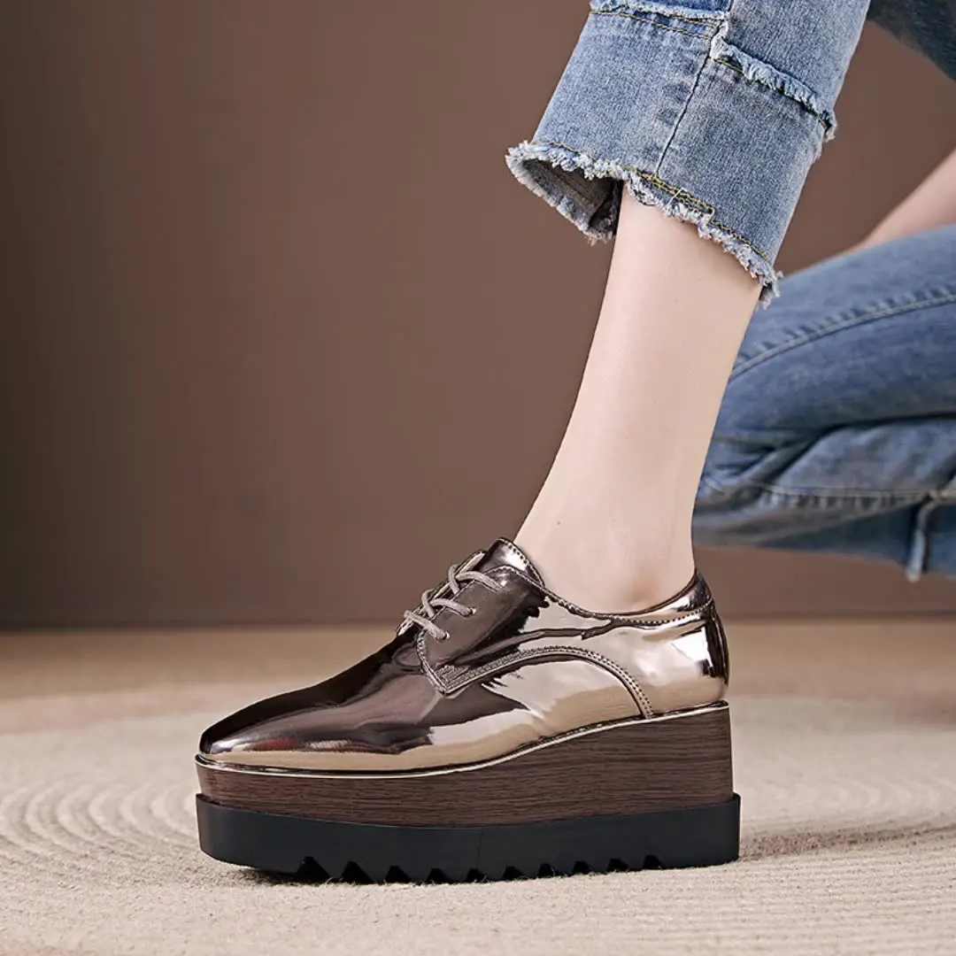 Shoes Woman 2025 Square Toe Oxfords Female Footwear Patent Leather Ballet Flats British Style Clogs Platform New Cross Dress Sum