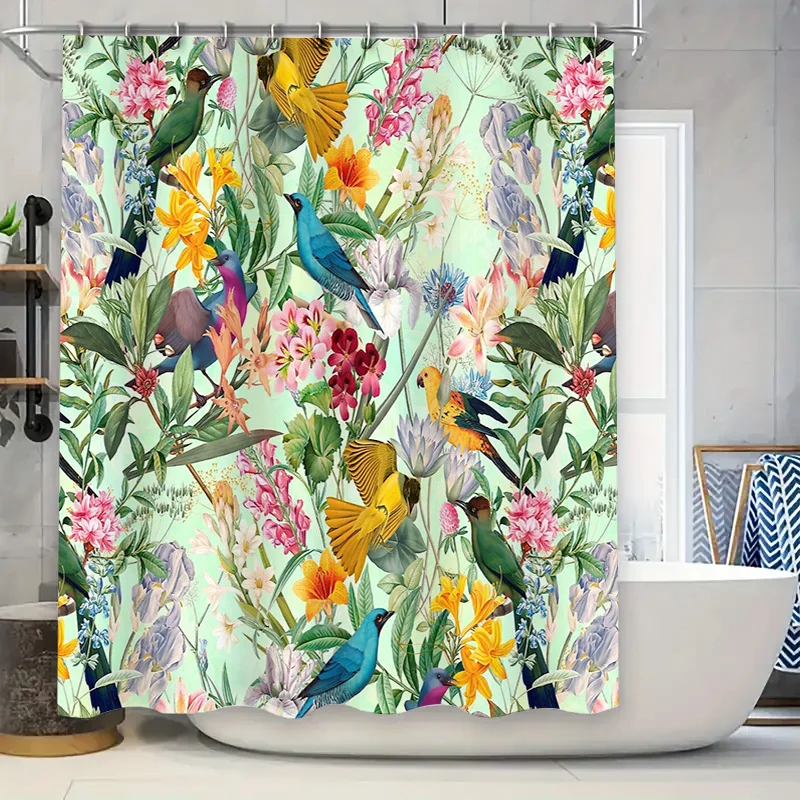 

Tropical Birds Floral Shower Curtain Botanical Jungle Leafy Nature Bathroom Decor Wall Hanging Artistic Home Textile Vivid Patte
