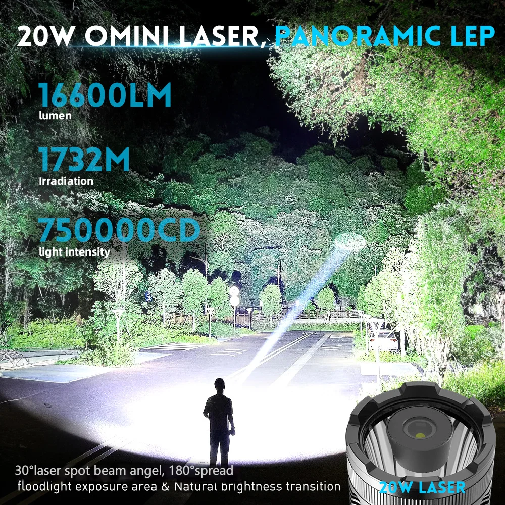 Newest High Power LEP Laser Tactical Flashlight 20W White IP68 Aluminum Alloy Camping Outdoor Rechargeable LEP Flash Light