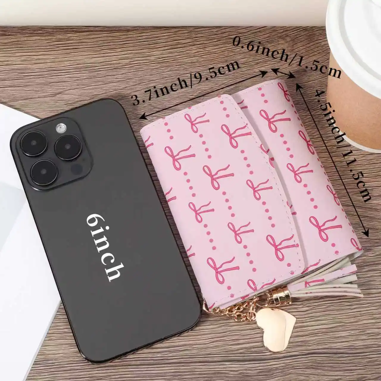 محفظة صغيرة عصرية على شكل قلب وشرابة مزينة بجيب للعملات المعدنية ومحفظة صغيرة بثلاثة أضعاف للنساء، بفيونكة نسائية