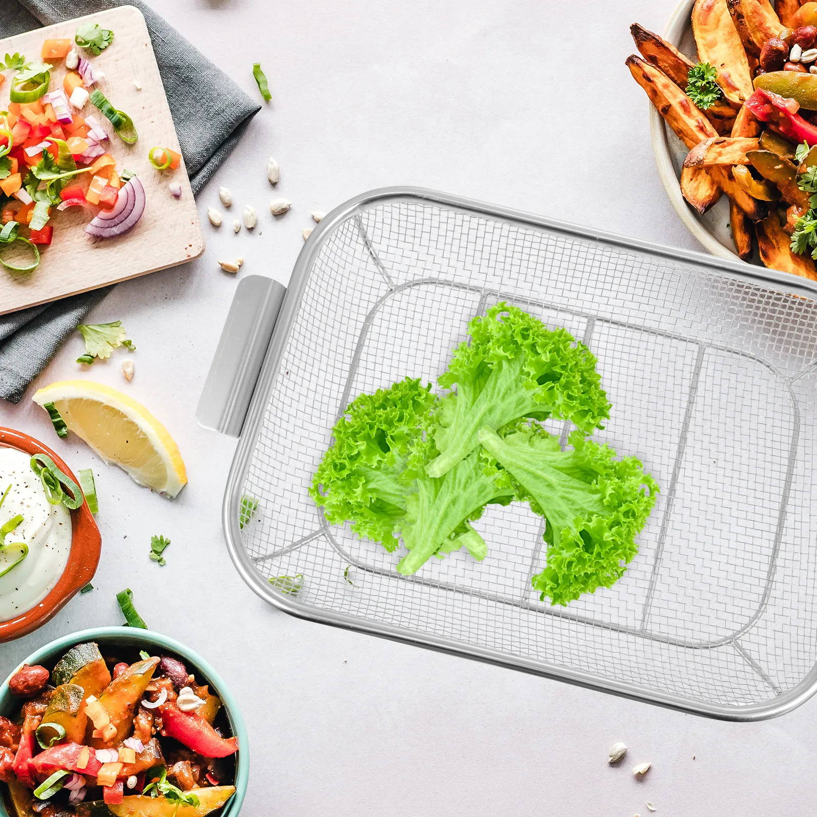 

1Pcs Stainless Steel Vegetable Washing Basket Food Drain Basket Dual Handle Fruit Drainer Mesh Design Kitchen Food Drying